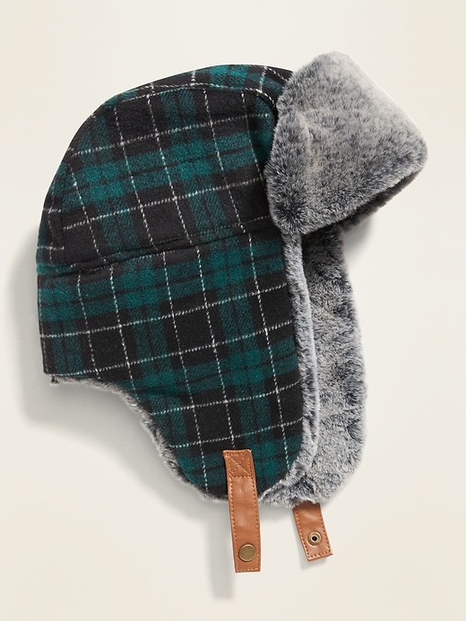 View large product image 1 of 1. Plaid Flannel Faux-Fur Trim Trapper Hat