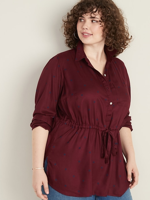 View large product image 1 of 1. Drapey Flannel Plus-Size No-Peek Drawstring Tunic Shirt
