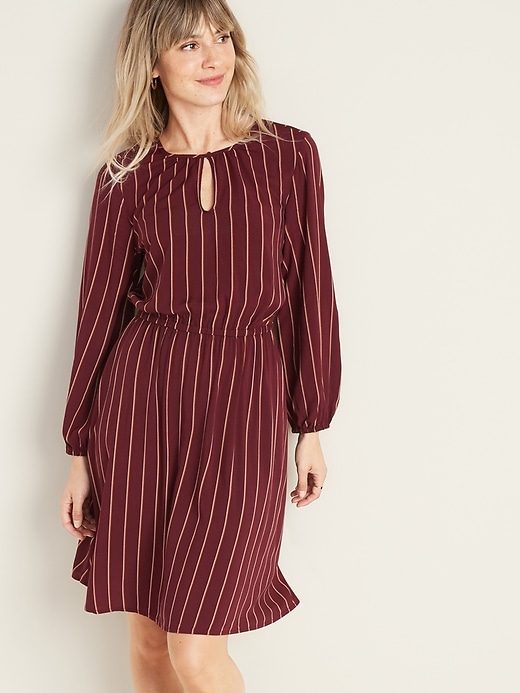 Waist-Defined Striped Keyhole Dress for Women