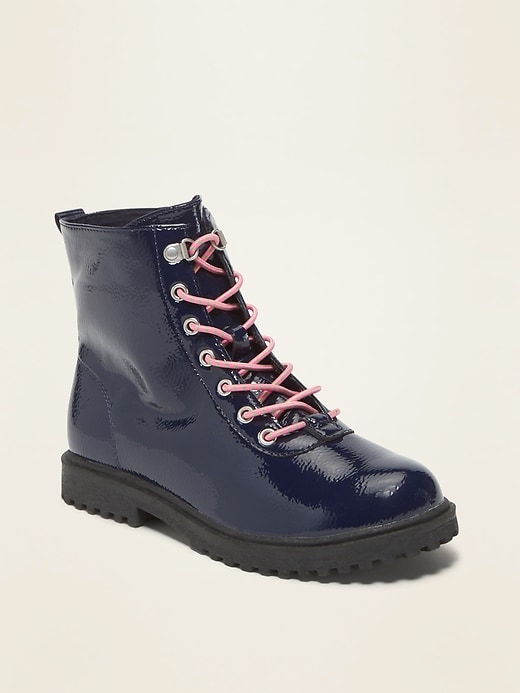 View large product image 1 of 3. Faux-Patent Elastic-Lace Combat Boots for Girls