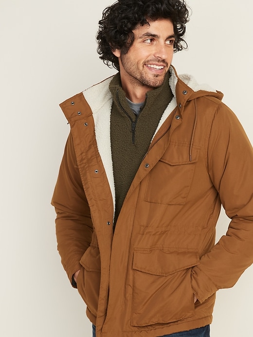 View large product image 1 of 1. Water-Resistant Sherpa-Lined Detachable-Hood Utility Jacket