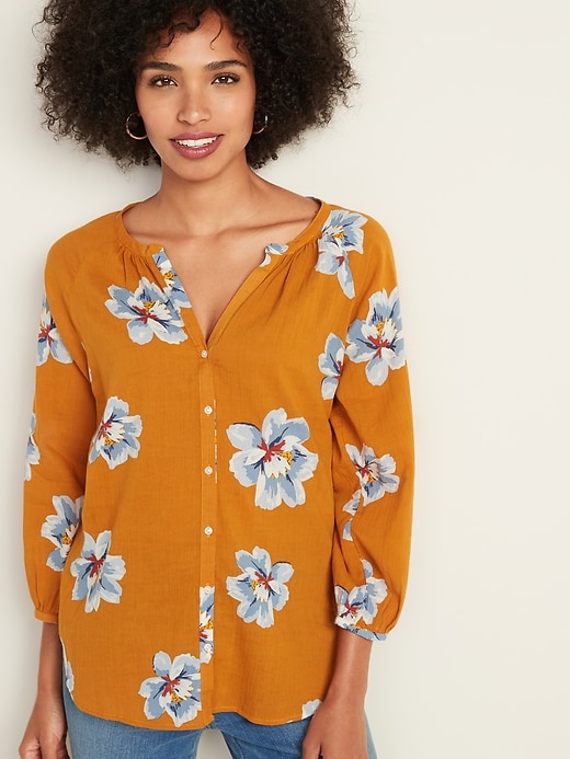 View large product image 1 of 1. Floral-Print Split-Neck Button-Front Blouse for Women