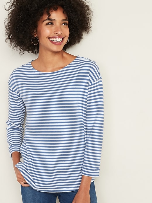 Image number 1 showing, French Terry Mariner-Stripe Rolled-Cuff Tee for Women