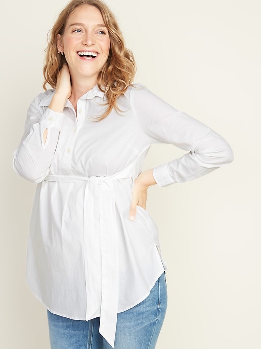 Image number 1 showing, Maternity Tie-Belt  Popover Stretch Tunic Shirt