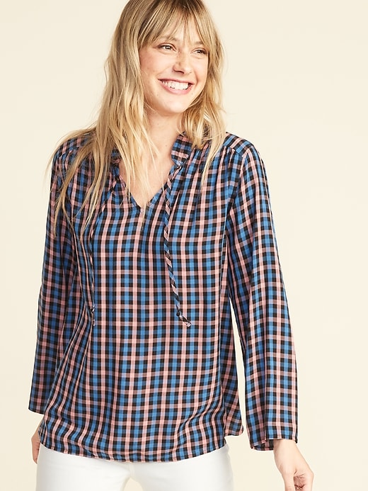 Image number 1 showing, Plaid Mandarin-Collar Tie-Neck Top for Women