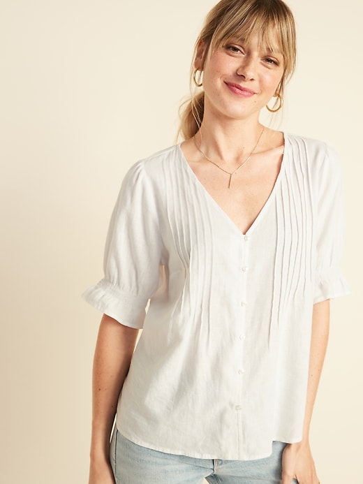 Image number 1 showing, Pintucked V-Neck Button-Front Linen-Blend Blouse for Women