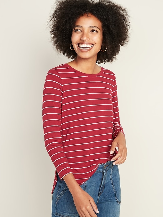 View large product image 1 of 1. Luxe Long-Sleeve Hi-Lo Hem Striped Tee for Women
