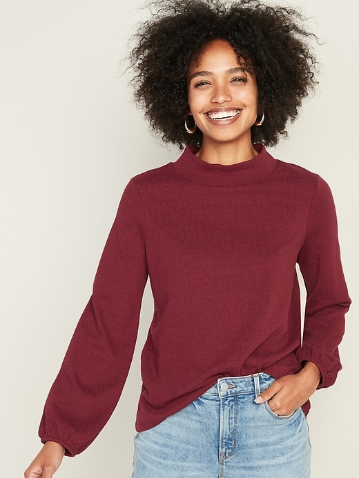 Loose-Fit Mock-Neck Blouson-Sleeve Top for Women | Old Navy