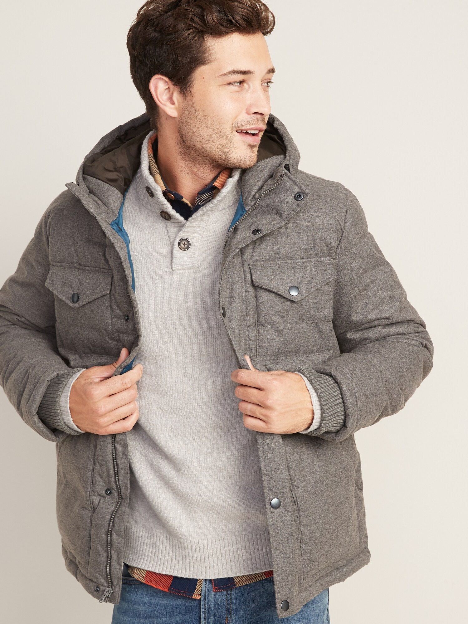 Brushed herringbone hooded puffer jacket sales for men