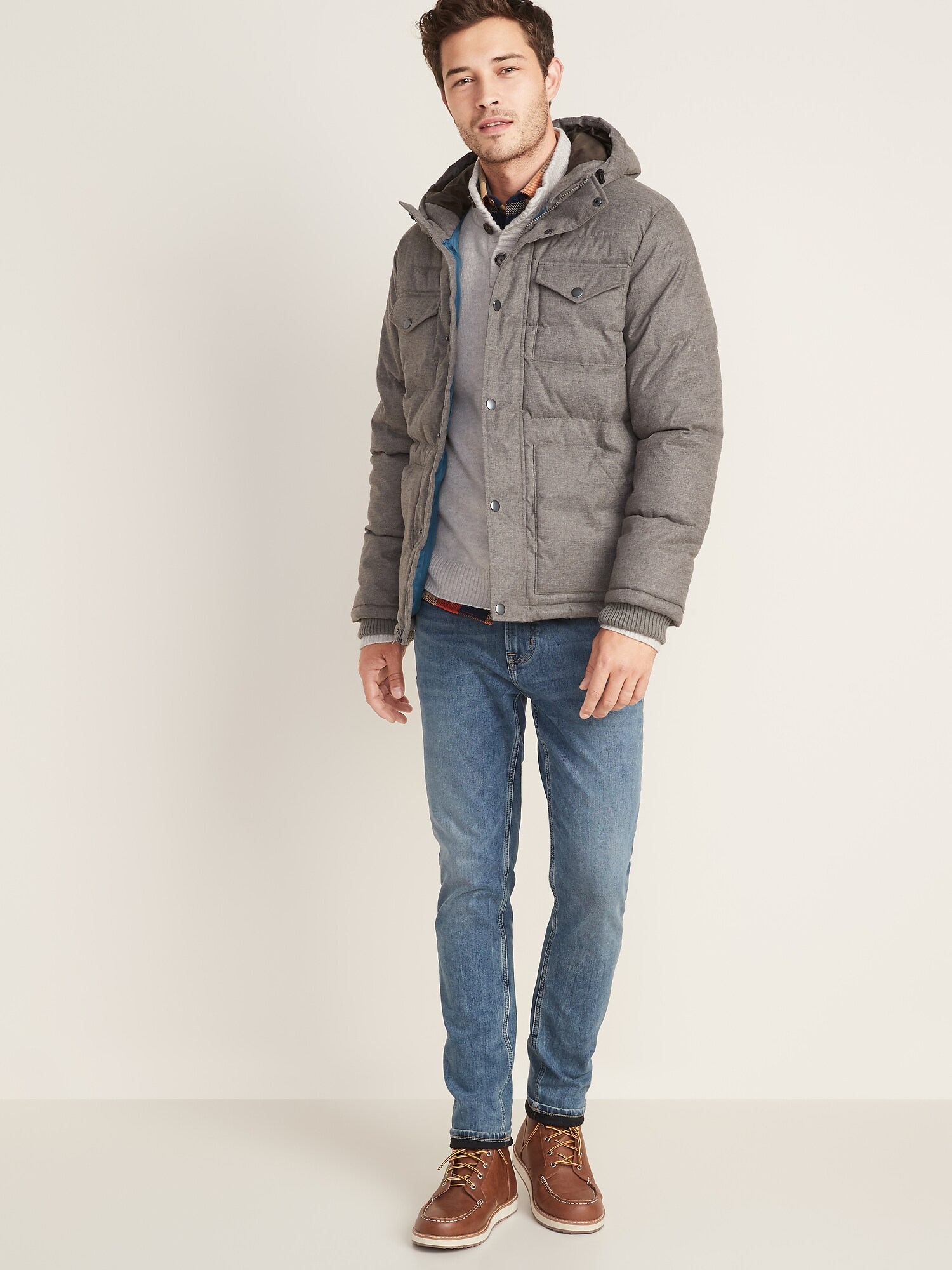 Brushed herringbone hooded puffer jacket sales for men