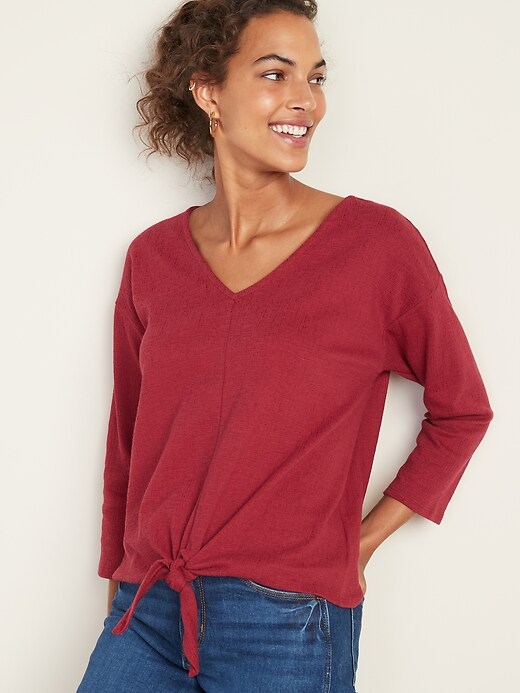 View large product image 1 of 1. V-Neck Textured-Knit Tie-Hem Top for Women