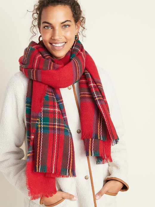Fringed Oversized Flannel Scarf for Women