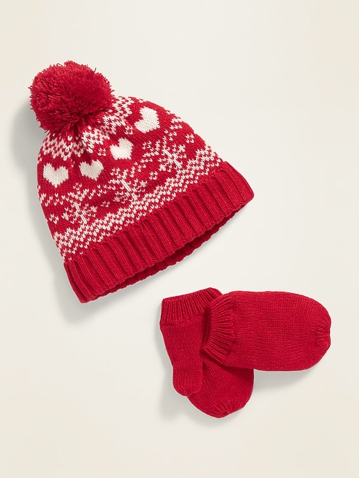 View large product image 1 of 1. Pom-Pom Beanie & Mittens Set for Toddler Girls