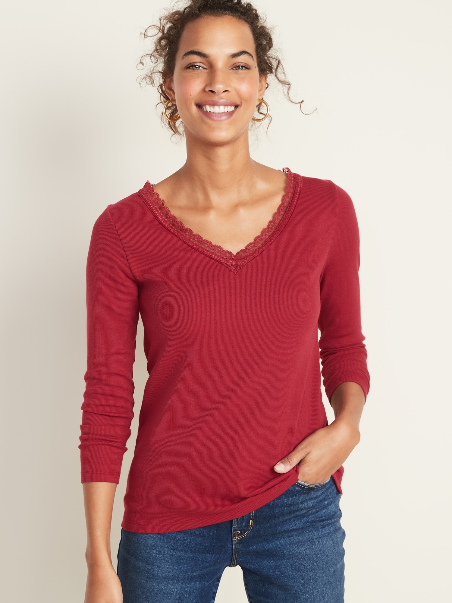 Lace-Trim Bracelet-Sleeve Rib-Knit Top for Women | Old Navy