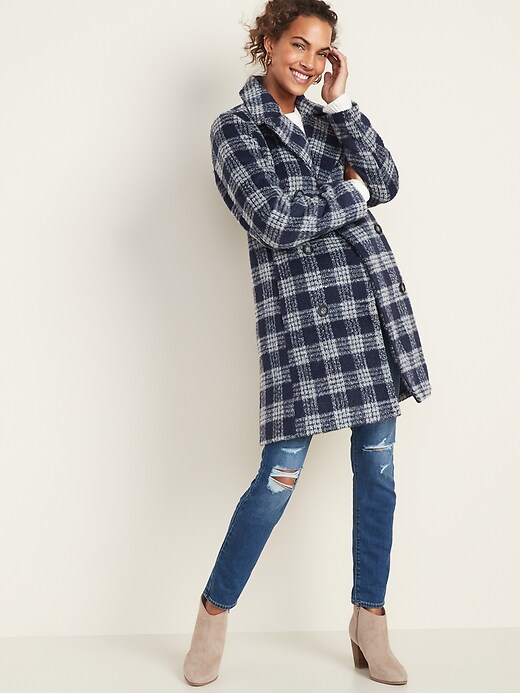 Image number 1 showing, Soft-Brushed Plaid Long-Line Peacoat for Women
