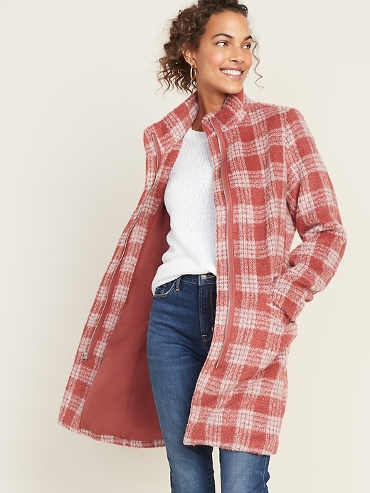 Image number 1 showing, Relaxed Funnel-Neck Plaid Coat for Women