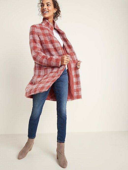 Image number 3 showing, Relaxed Funnel-Neck Plaid Coat for Women