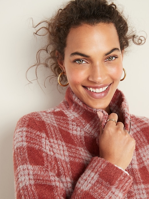 Image number 4 showing, Relaxed Funnel-Neck Plaid Coat for Women