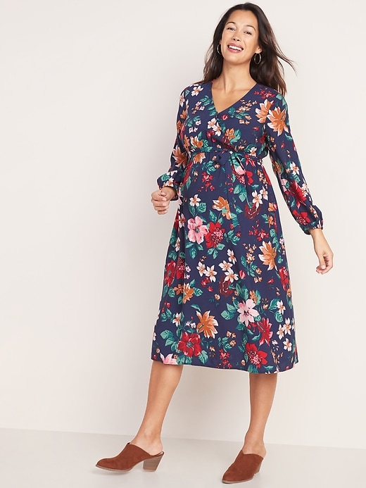Image number 1 showing, Maternity Printed Faux-Wrap Midi Dress