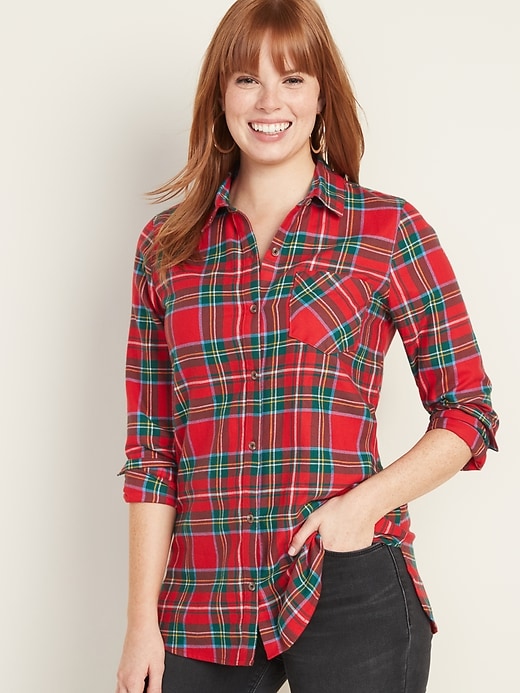 Image number 1 showing, Patterned Flannel Tunic Shirt for Women