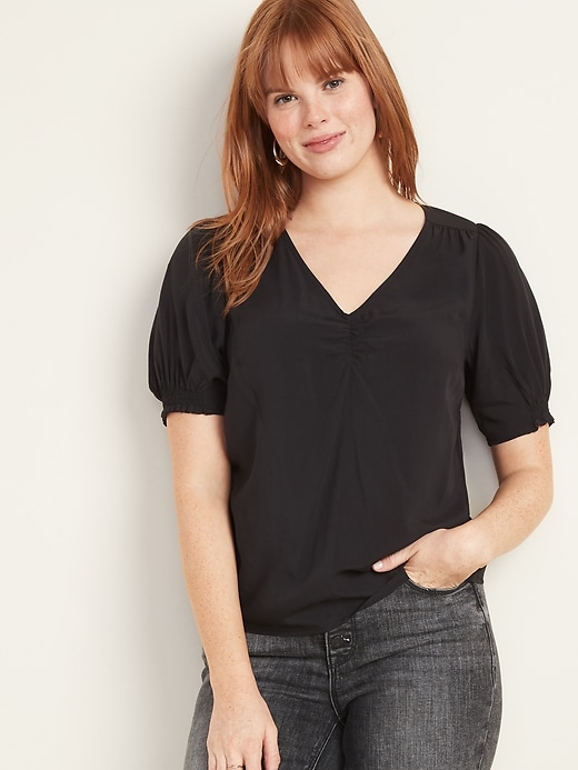 View large product image 1 of 1. V-Neck Smocked-Sleeve Top for Women