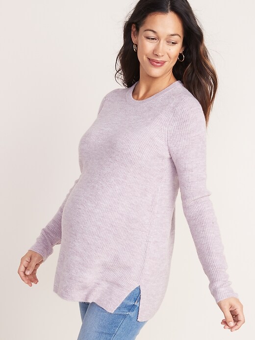 View large product image 1 of 1. Maternity Soft-Brushed Shaker-Stitch Tunic Sweater