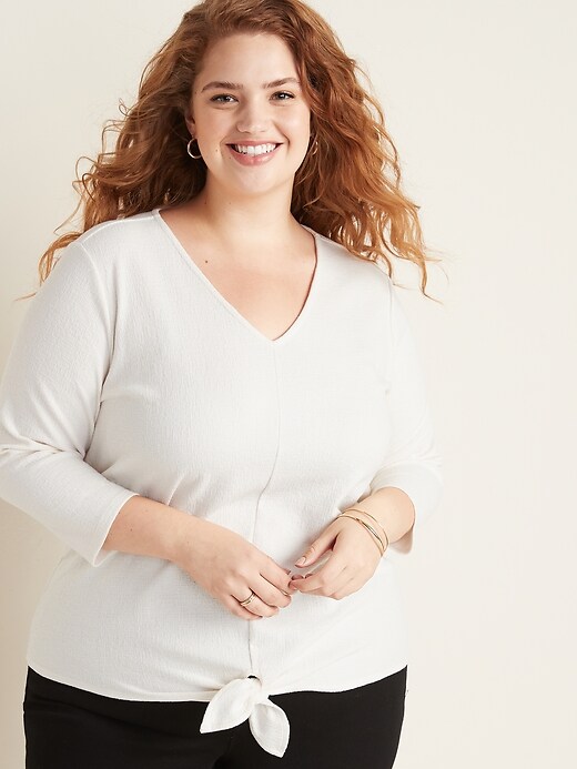 View large product image 1 of 1. Relaxed Plus-Size Bracelet-Sleeve Tie-Front Top