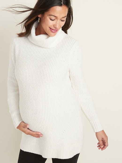 View large product image 1 of 1. Maternity Shaker-Stitch Turtleneck Tunic Sweater