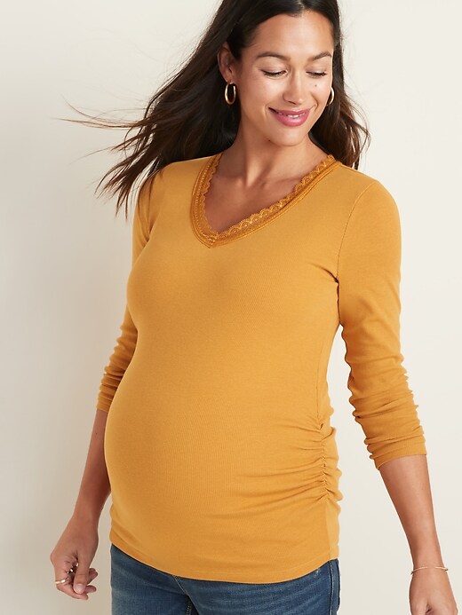 View large product image 1 of 1. Maternity Fitted Lace-Trim Bracelet-Sleeve Top