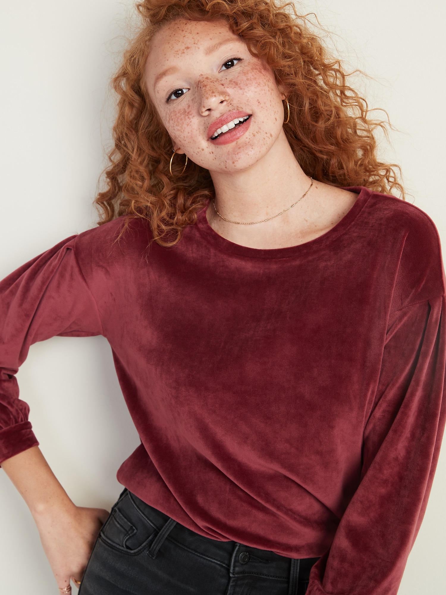 Relaxed Pleated-Sleeve Velour Top for Women | Old Navy