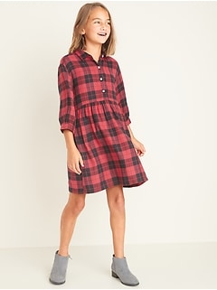 Waist-Defined Plaid Flannel Shirt Dress for Girls