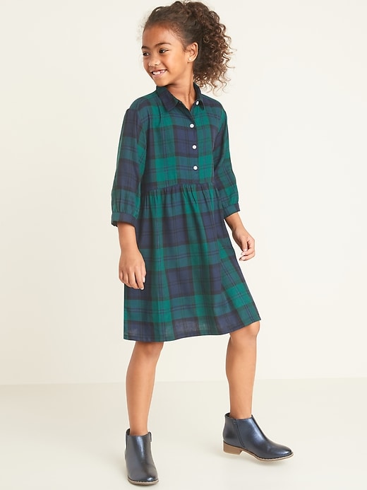 View large product image 1 of 1. Waist-Defined Plaid Flannel Shirt Dress for Girls