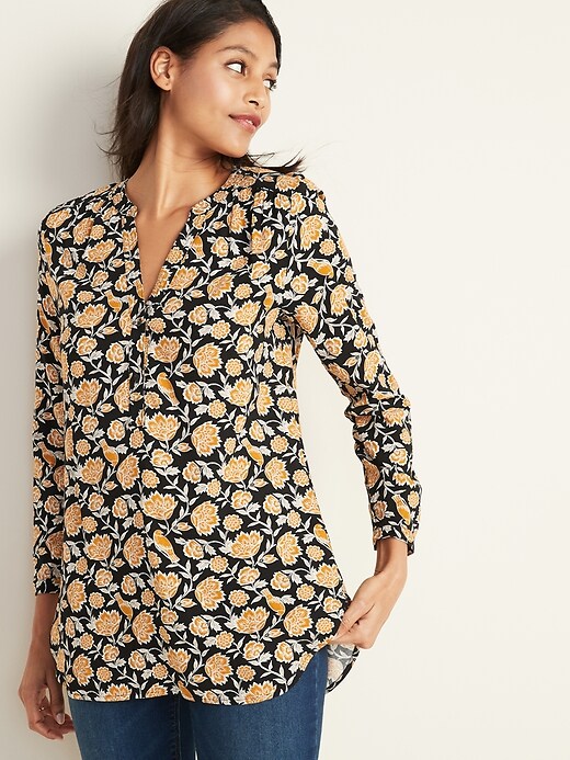Floral-Print Popover Split-Neck Tunic for Women