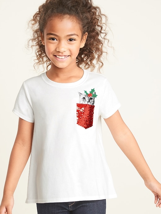 View large product image 1 of 4. Christmas Kitty Flip-Sequin Graphic Tee for Girls