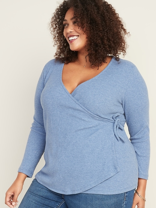 View large product image 1 of 1. Plush Rib-Knit Wrap-Front Plus-Size Top