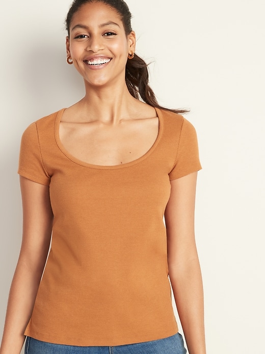 View large product image 1 of 1. Slim-Fit Rib-Knit Scoop-Neck Tee for Women
