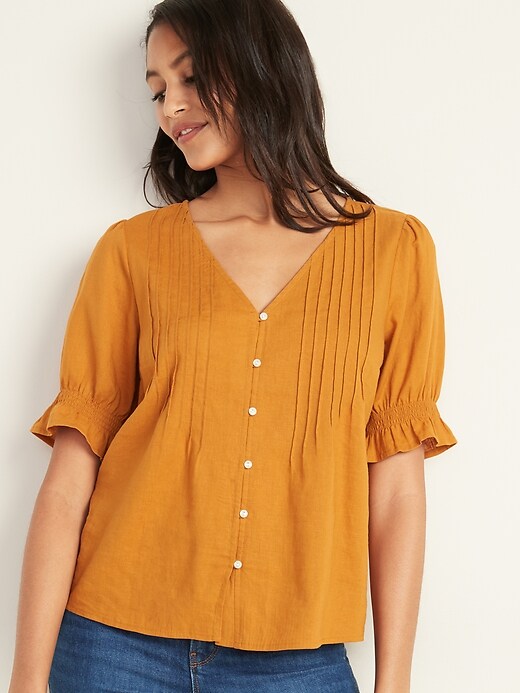 View large product image 1 of 1. Pintucked V-Neck Button-Front Linen-Blend Blouse for Women
