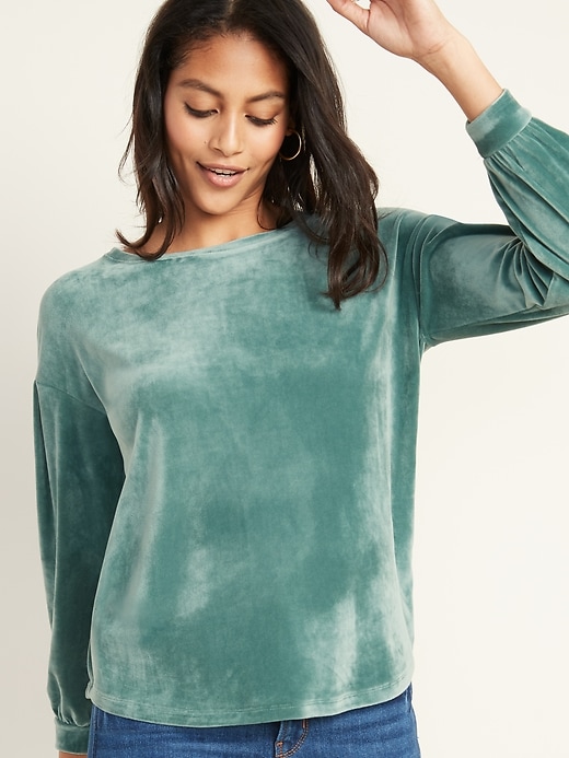 View large product image 1 of 1. Relaxed Pleated-Sleeve Velour Top for Women