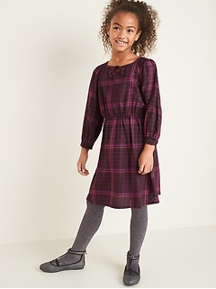 Tie-Neck Blouson-Sleeve Waist-Defined Dress for Girls