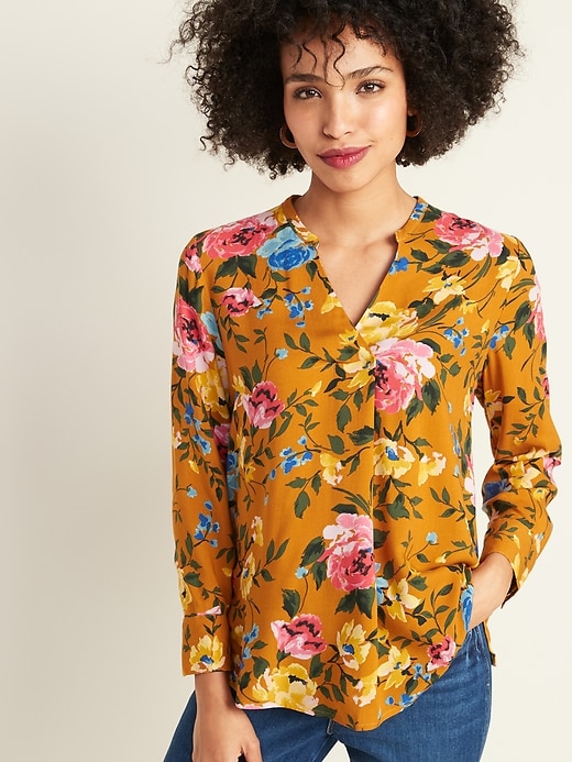 Image number 1 showing, Relaxed Split-Neck Floral Top for Women
