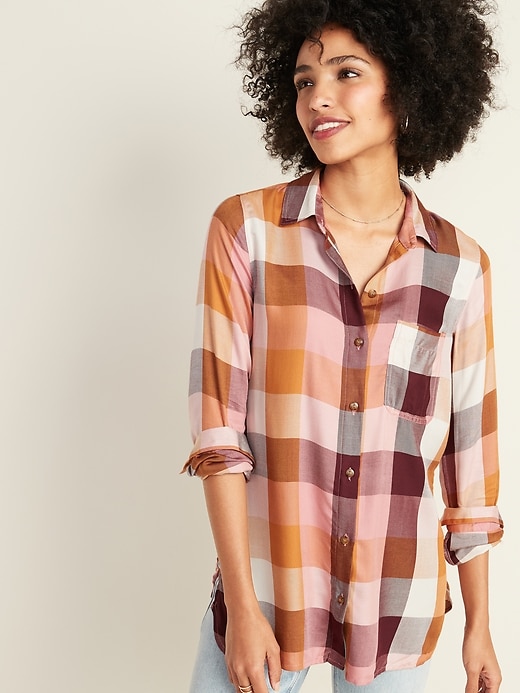 View large product image 1 of 1. Plaid Drapey Flannel Tunic Shirt for Women