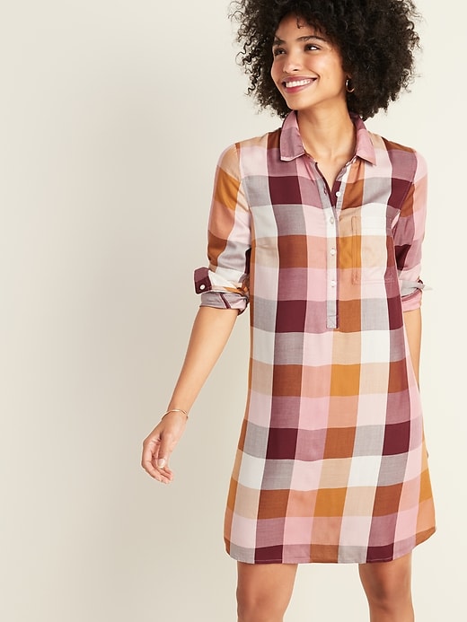 View large product image 1 of 1. Plaid Popover Shirt Dress for Women