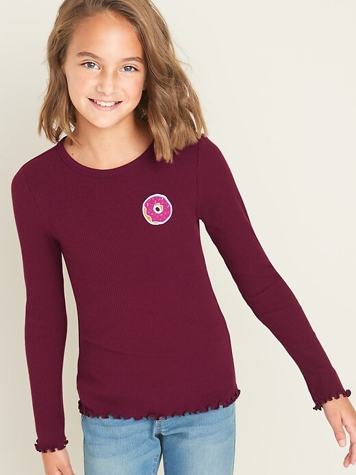 View large product image 1 of 3. Rib-Knit Patch-Graphic Lettuce-Edge Tee for Girls