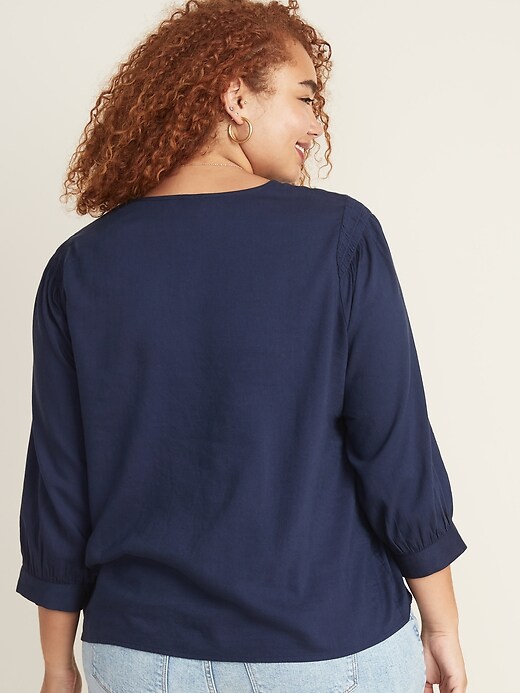 Image number 2 showing, Plus-Size Smocked-Sleeve Twill Top