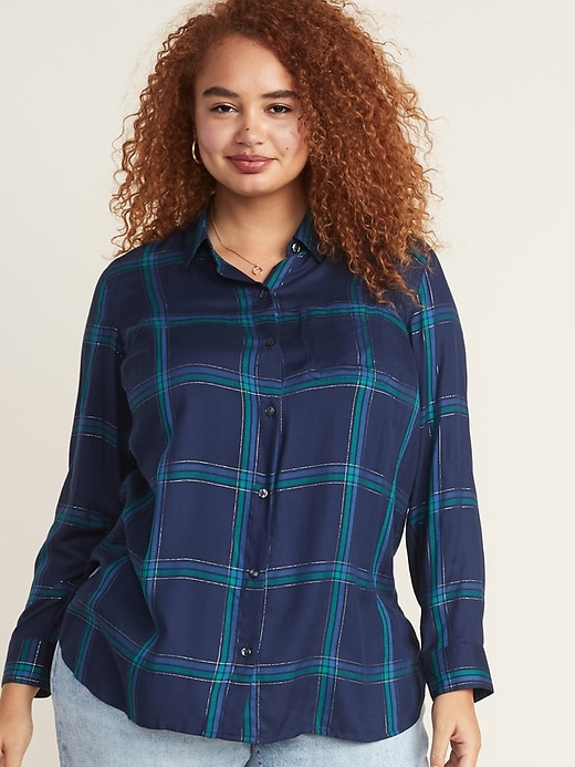 Image number 1 showing, Drapey Flannel No-Peek Plus-Size Tunic Shirt