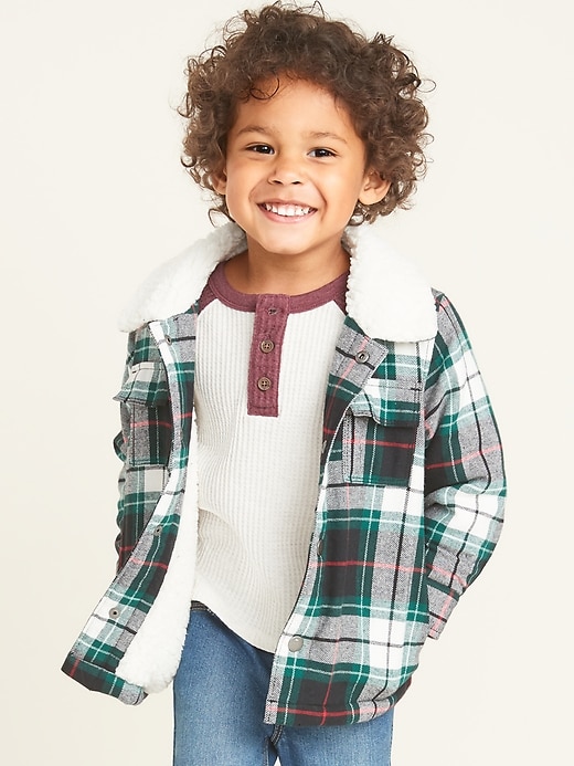 View large product image 1 of 1. Plaid Flannel Sherpa-Lined Shirt Jacket for Toddler Boys
