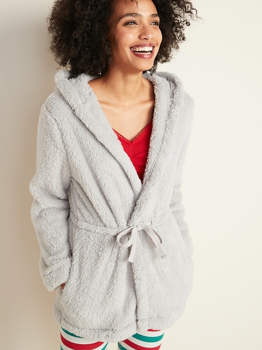 View large product image 1 of 1. Short Hooded Sherpa Robe for Women