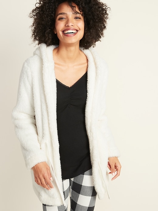 Image number 1 showing, Short Hooded Sherpa Robe for Women