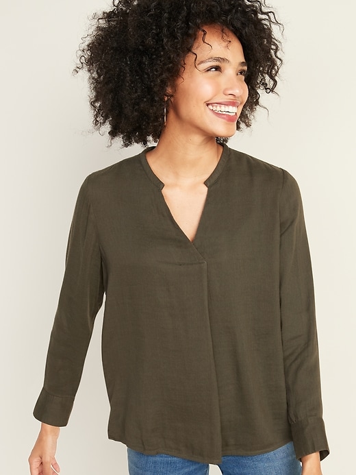 Image number 1 showing, Textured Double-Weave Split-Neck Top for Women
