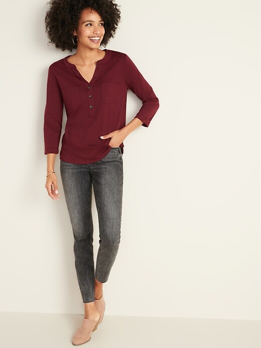 Image number 3 showing, Relaxed Bracelet-Sleeve Ponte-Knit Utility Shirt for Women